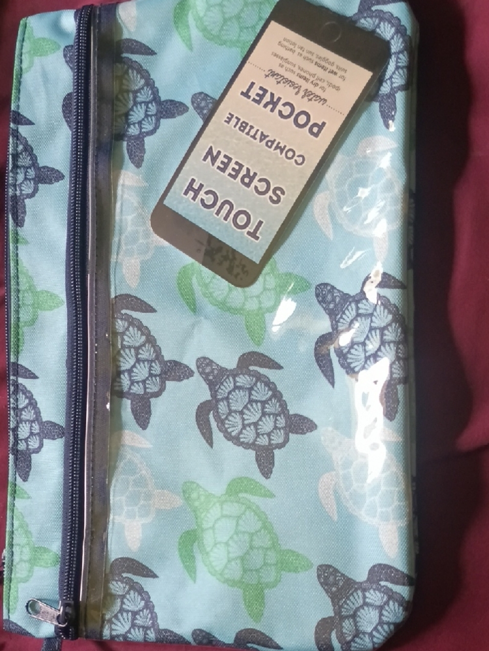 Touch Screen Compatible Pocket Pouch - Sea Turtle Print in Aqua & Navy